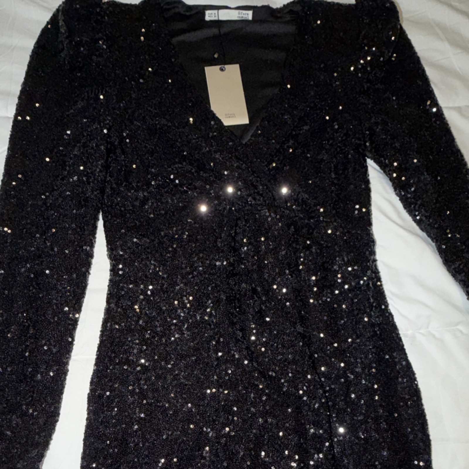 Sfera Black Sequin V-Neck Long Sleeve Bodycon Dress, Short, Size M