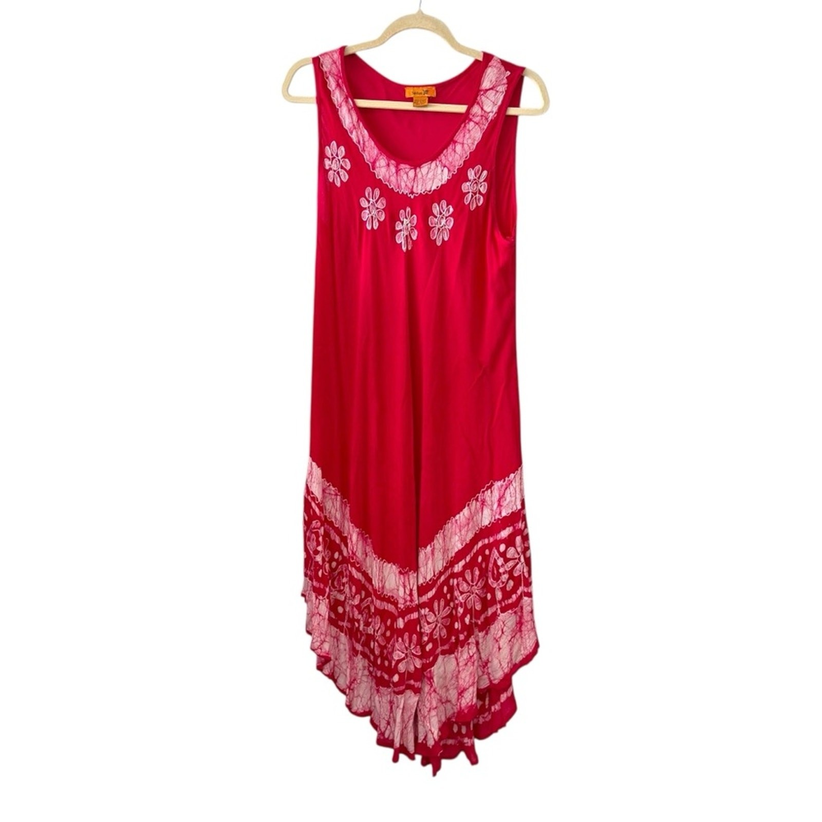 Sakkas Boho red white Tie-Dye Floral Embroidered dress – Free Size