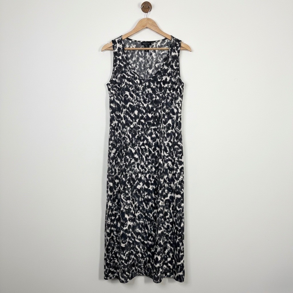 Rachel Zoe Womens Medium Black Cream Abstract Animal Print Sleeveless Midi Dress