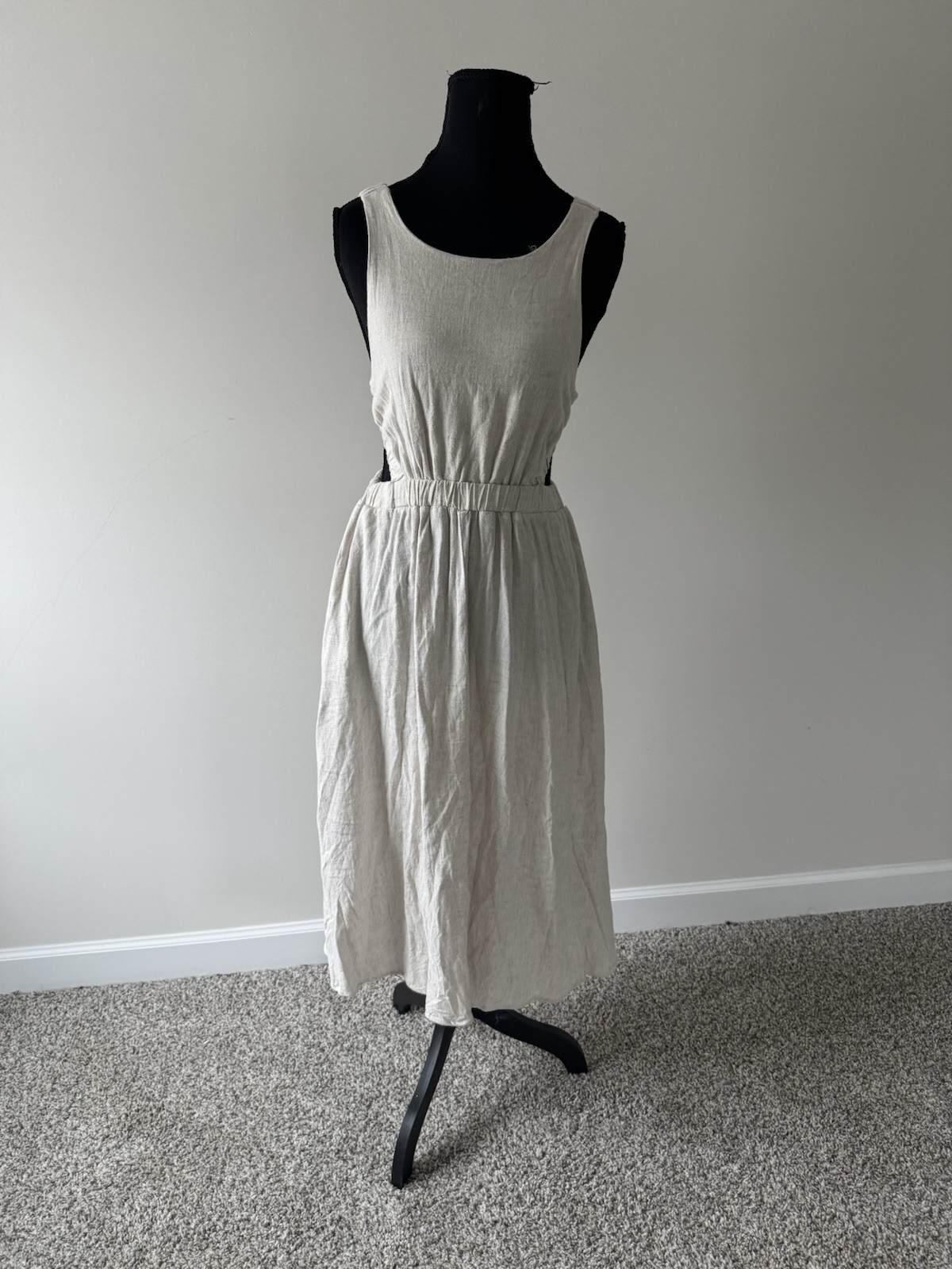 FORE Women’s Linen Blend Cutout Midi Dress Size Small Oatmeal Open Back Resort