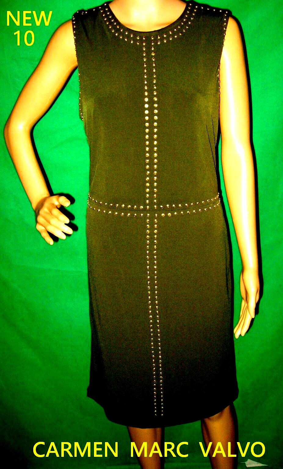 NEW 10 green CARMEN MARC VALVO gold stud STRETCH dress