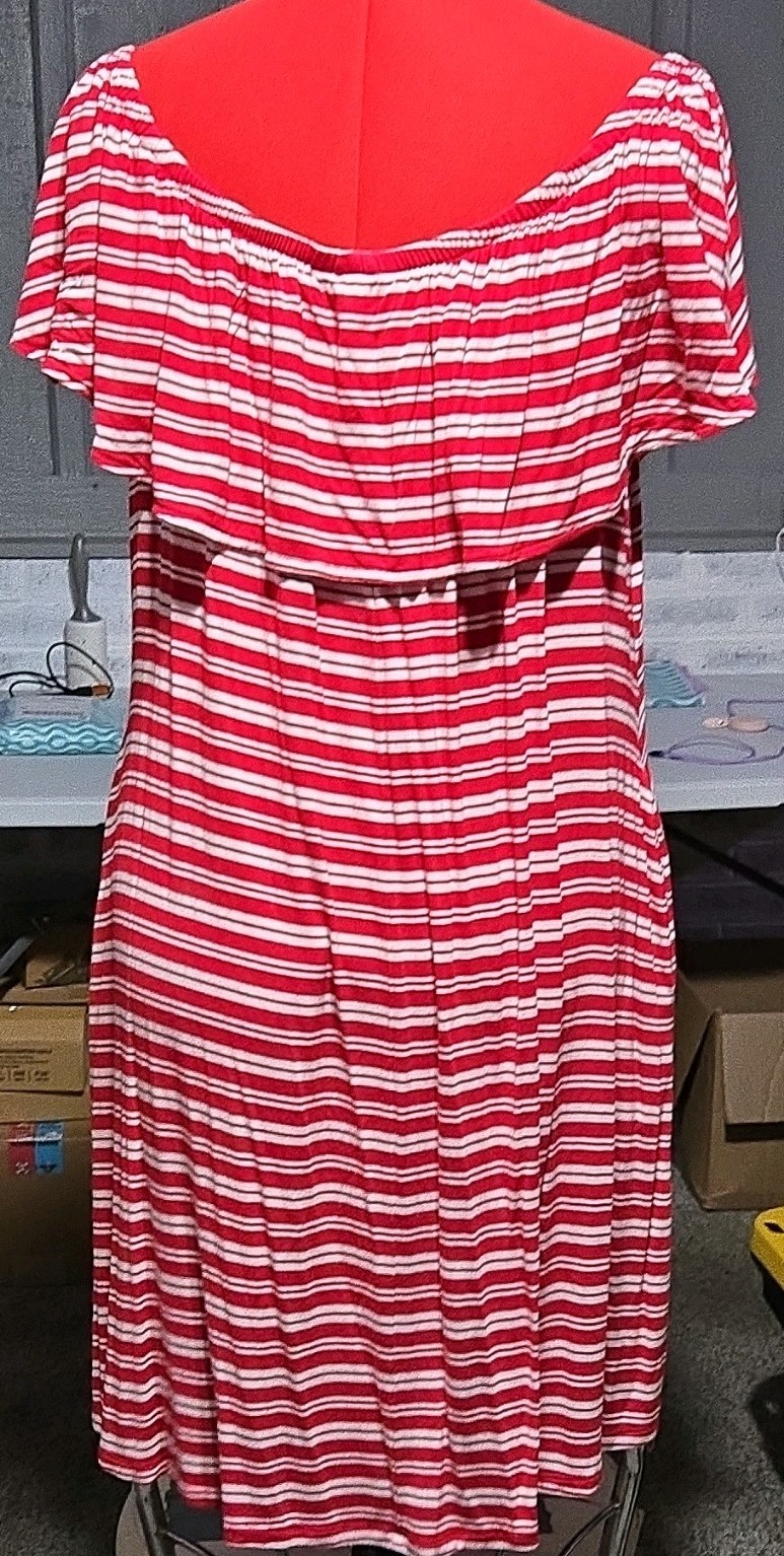 Lane Bryant Red White Striped Midi Shift Dress 14/16 Square Neck Ruffle
