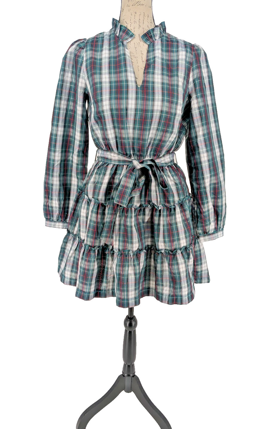 & MERCI Preppy Plaid Dress SMALL Cotton Tiered Ruffled Neck Academia Excellent
