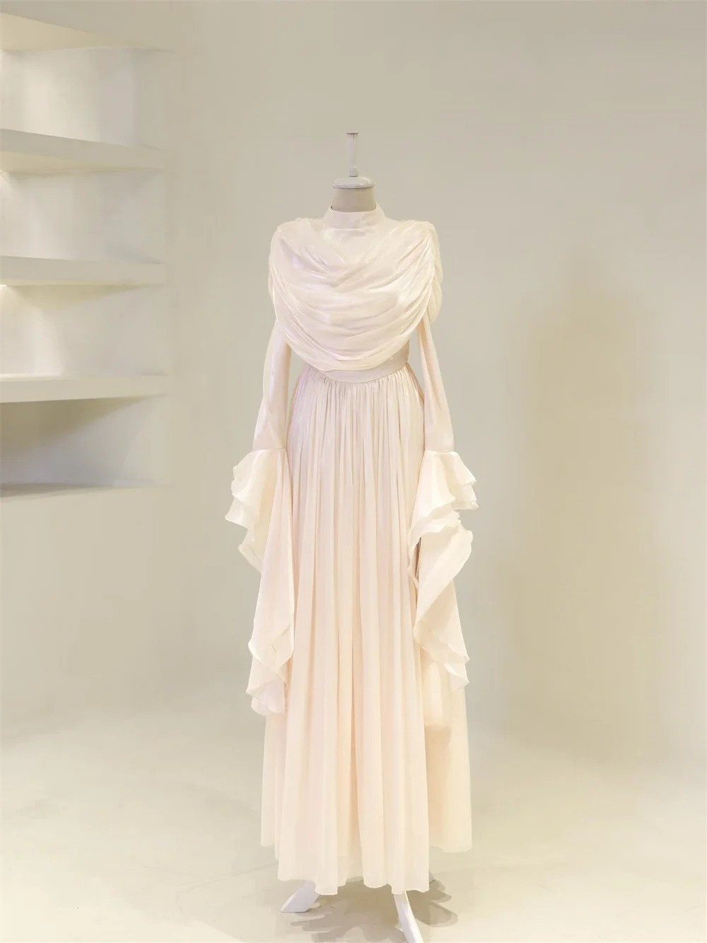 Chiffon Ruched Pleat Straight High Collar Long Dresses Bespoke Occasion Dresses