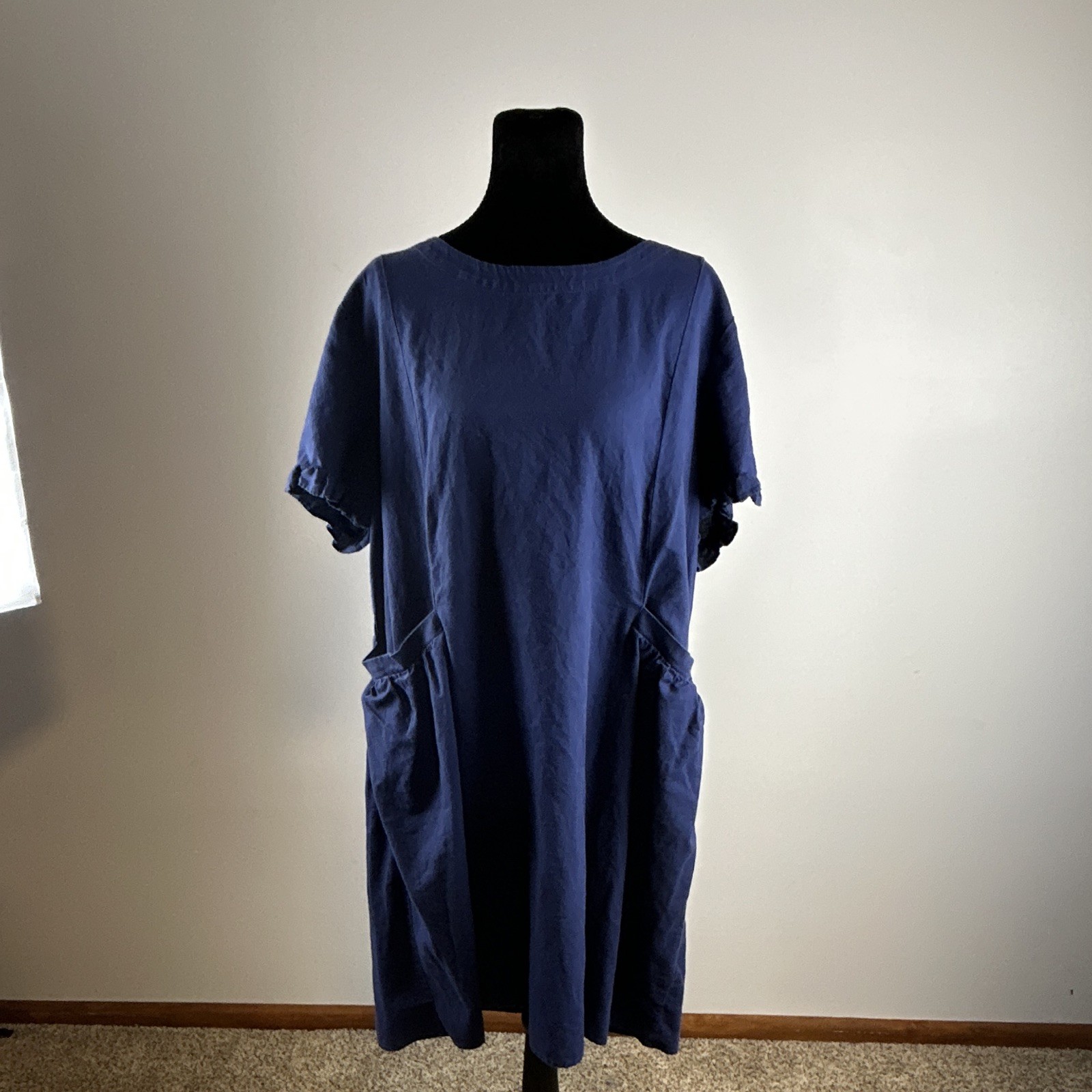 Cre Coton Women’s Blue Solid Woven Linen/Cotton Boat Neck Shift Pockets XL