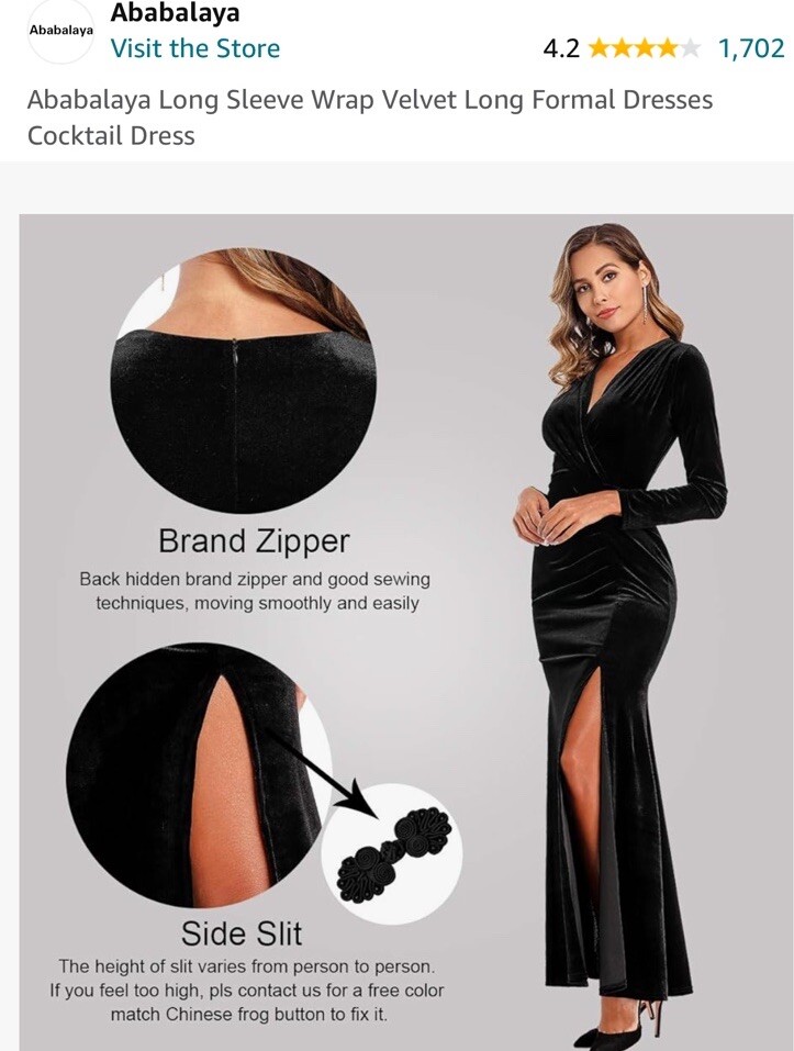 Ababalaya M Black Velvet Wrap Party Dress Long Sleeve VNeck Maxi Slit