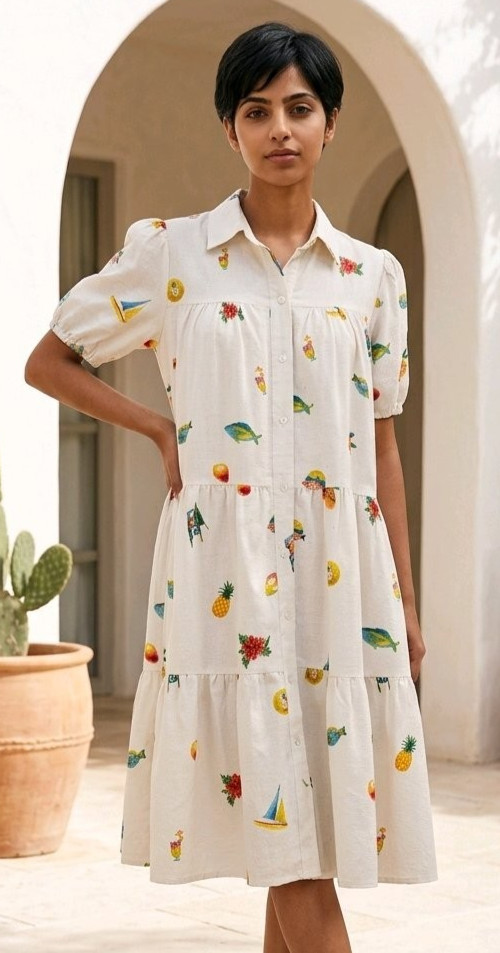 Jane & Delancey Shirt Dress Tropical Fish Fruit Floral Linen Coastal Resort S
