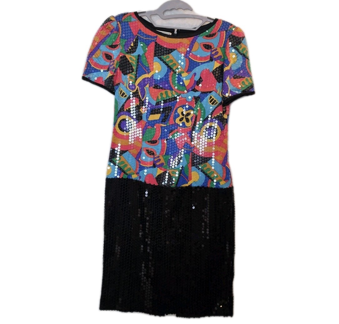 Vtg A J Bari Dress Womens 4 Silk Colorful Sequin Formal Hoco Occasion Prom