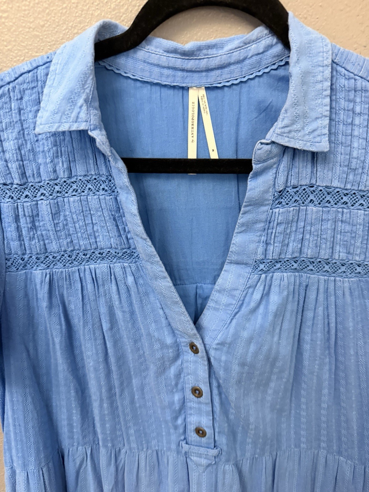 Anthropologie Blue Tiered Dress Medium Cotton Lace Boho Pockets Lined
