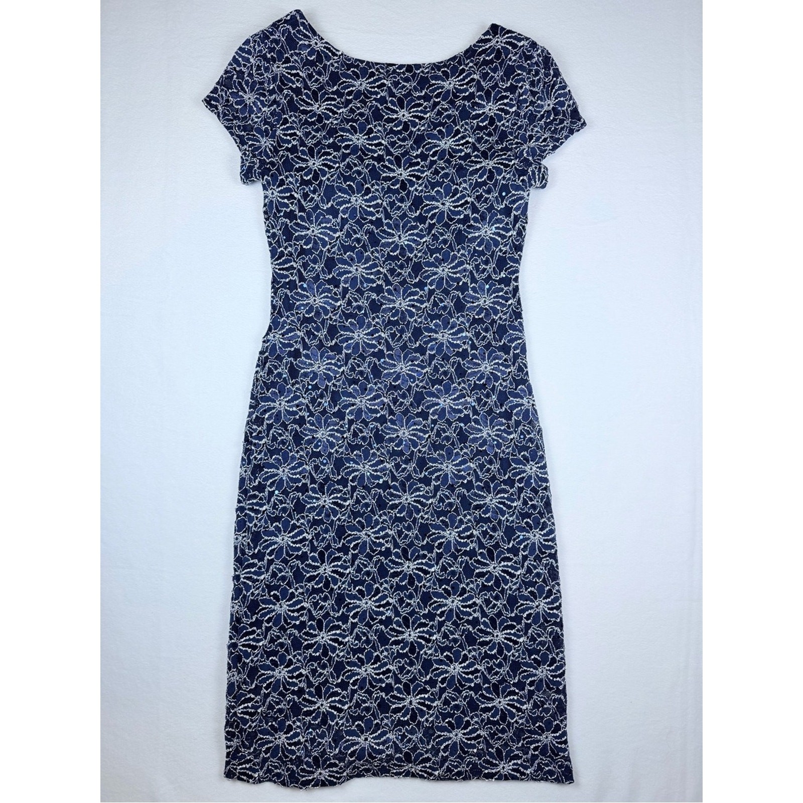 Roz & Ali Navy Blue Floral Lace Sequin Sheath Dress Size 6