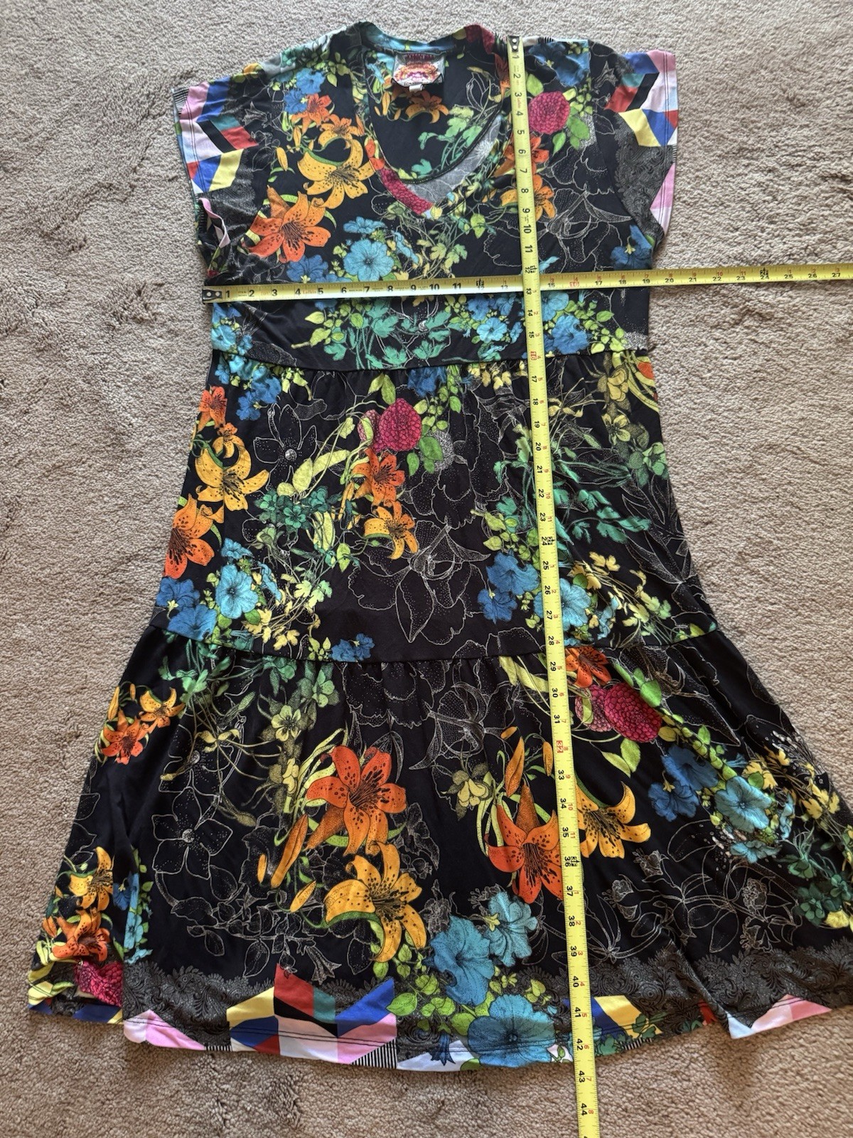 JOHNNY WAS NERO SEQUENCE TIERED TEA Floral MIDI Dress Black WOMEN Large Jersey