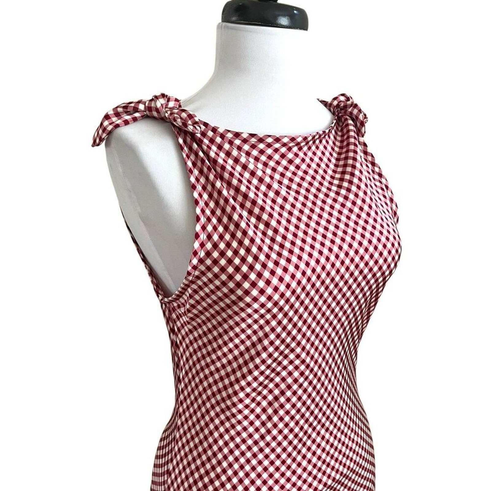 Caroline Constas Burgundy Gingham Maxi Dress M Tie Shoulder Bias Euro Summer NWT
