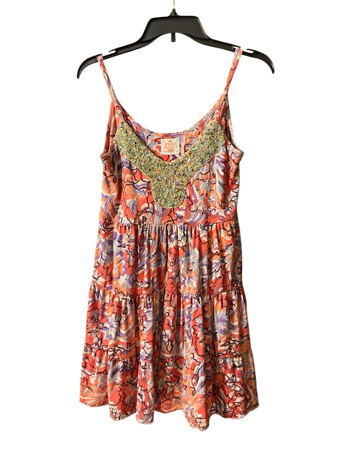 Free People Y2K Beaded Floral Boho Tiered Mini Dress Coral Purple Pockets XS