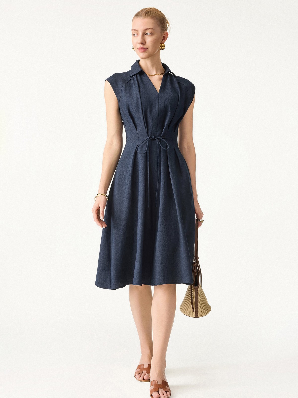 OGL Viscose Linen Collared V Neck Midi Dress Drawstring Waist Summer