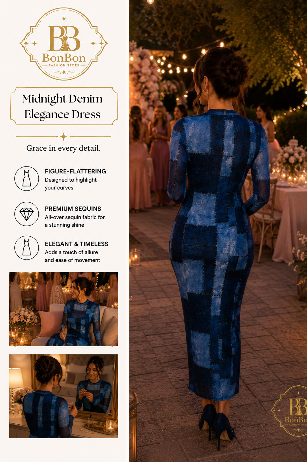 Blue Patchwork Mesh Maxi Dress | Elegant Long Sleeve Bodycon Evening Dress
