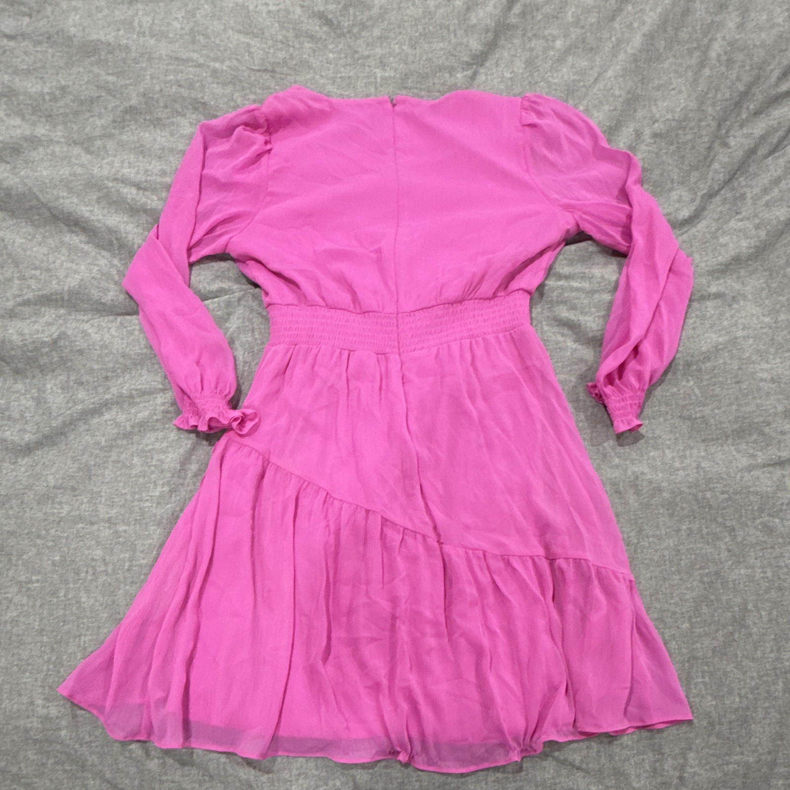 DKNY Pink Chiffon V-Neck Puff Long Sleeve Smocked Ruffle Knee Dress XL