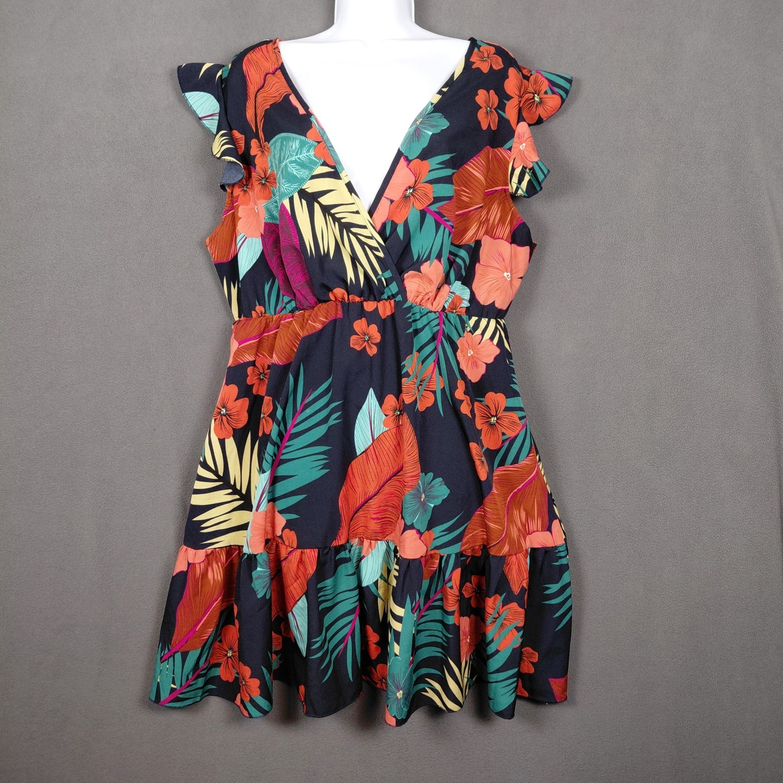 Tropical Floral V-Neck Ruffle Mini Dress Flutter Sleeve Tie Back High Waist ?Lg?