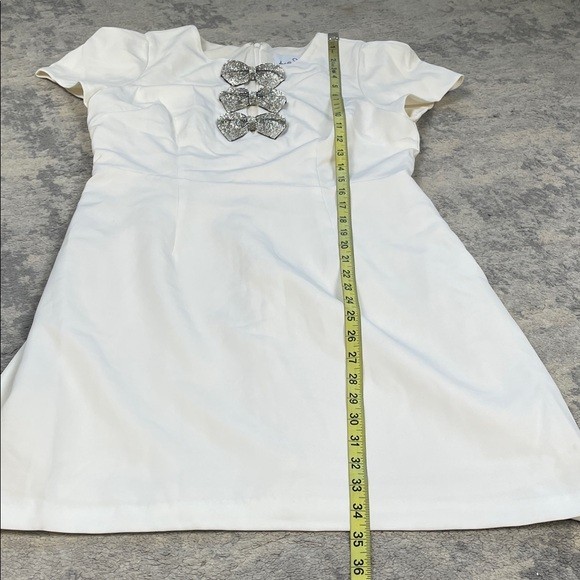 New Sam Edelman Rhinestone Bow Detail Satin Dress White Mini Short Sleeve Sz 8