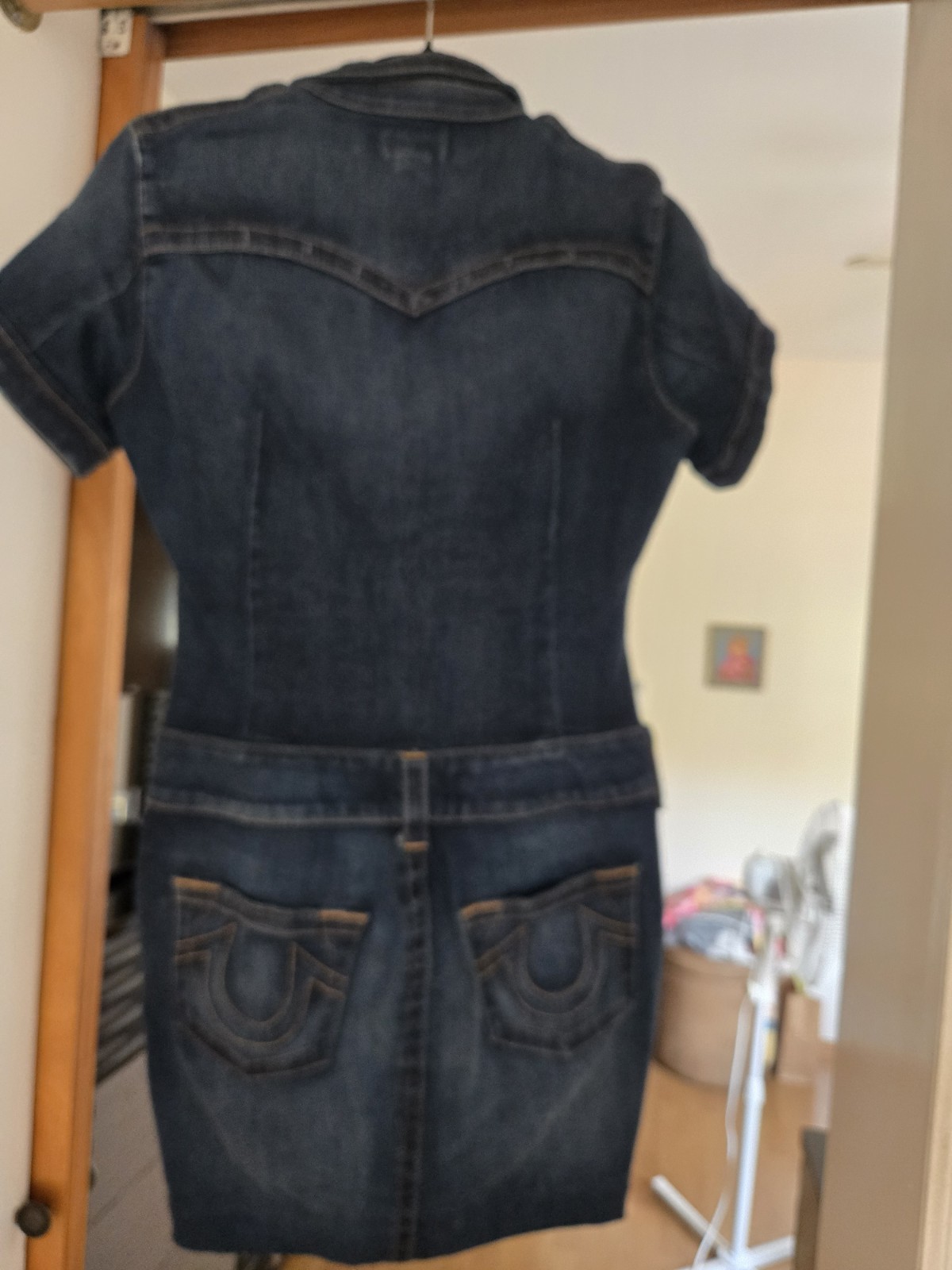 True Religion Womens S/P Blue Denim Shirt Dress Button Front Collared Pockets