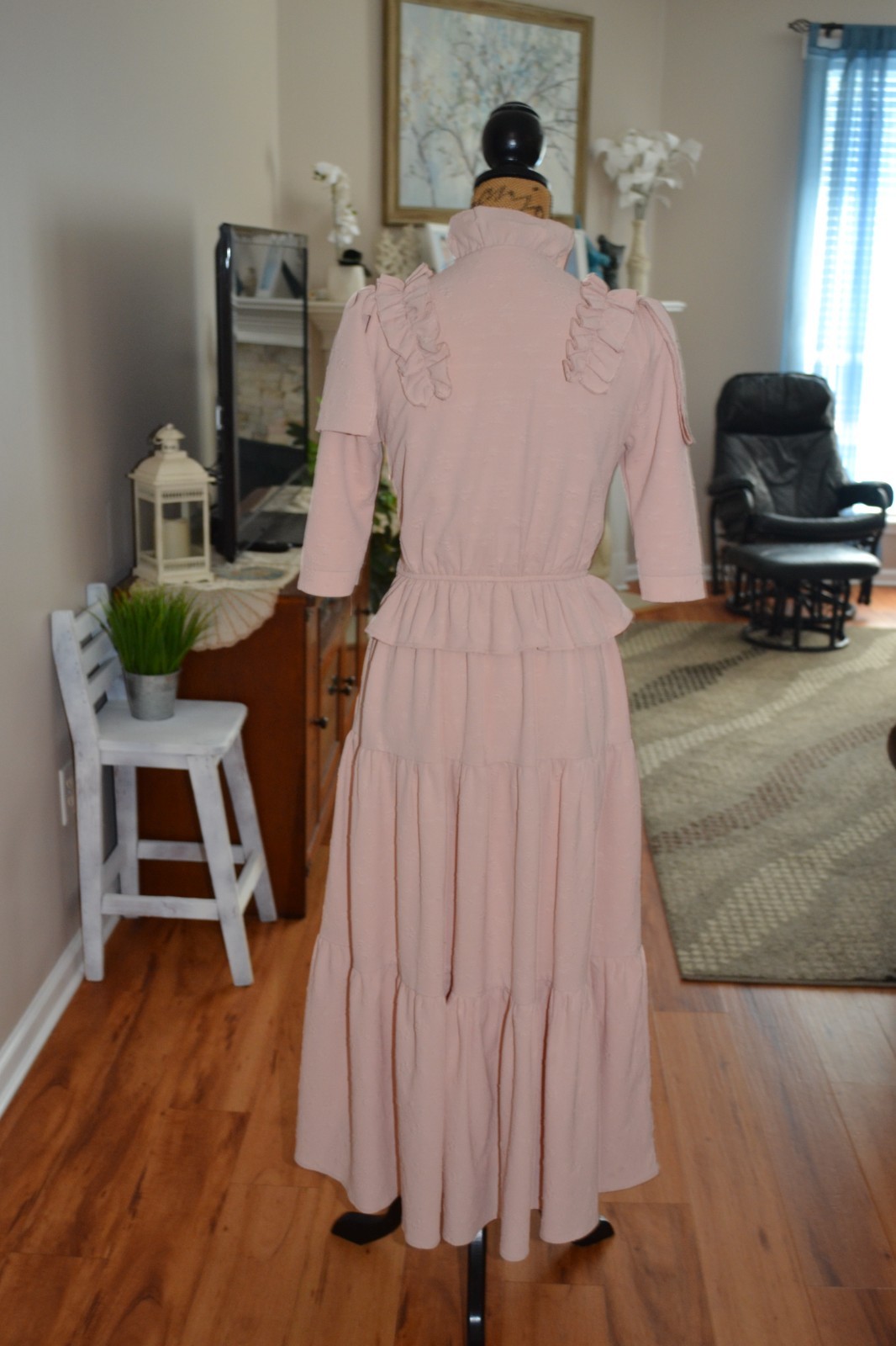 Ladida Powder Pink short sleeve Ruffle Embroidered Tiered Romantic Midi Dress S