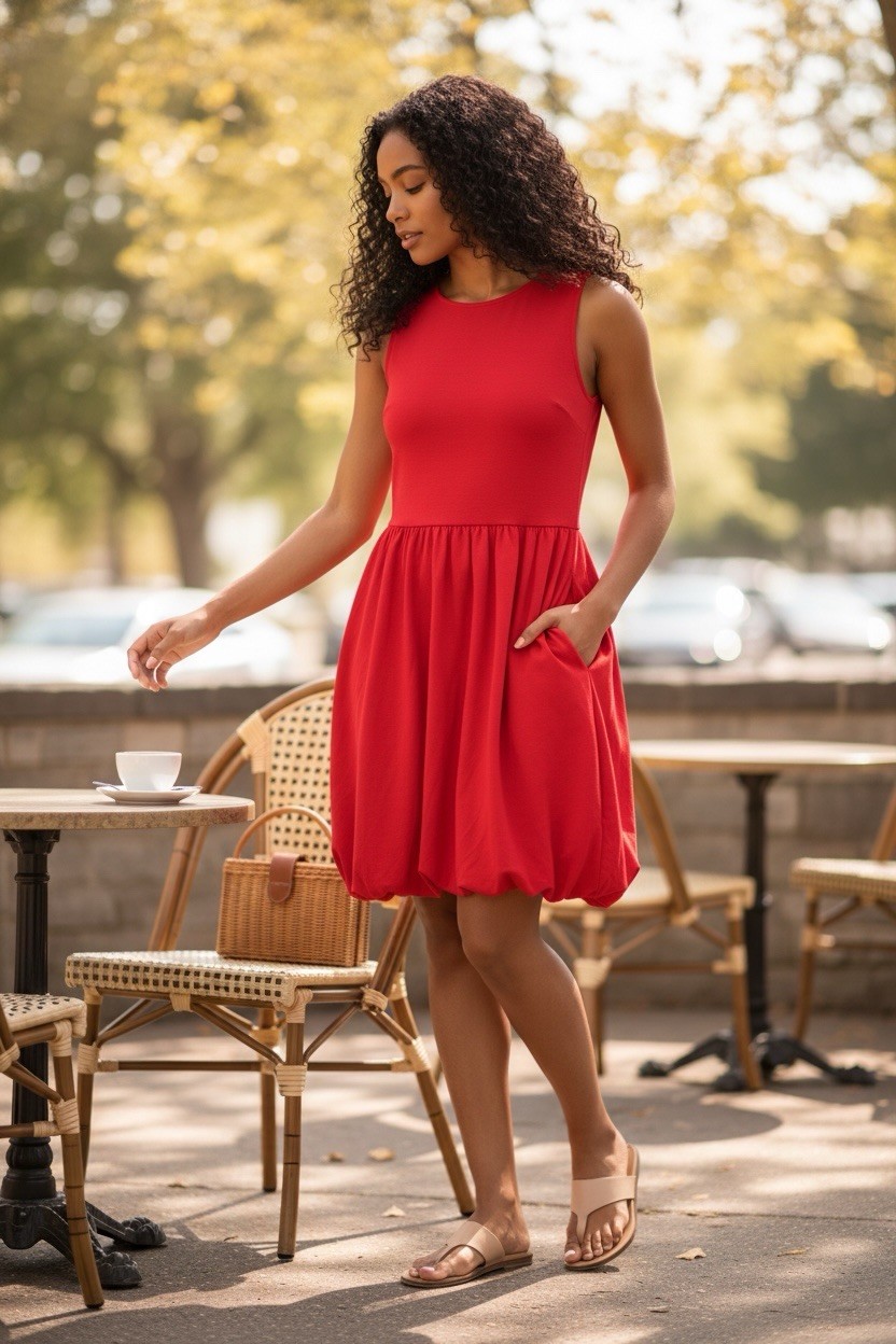 PrettyGarden Red Bubble Hem Dress Pockets Sleeveless Women’s Medium NWT