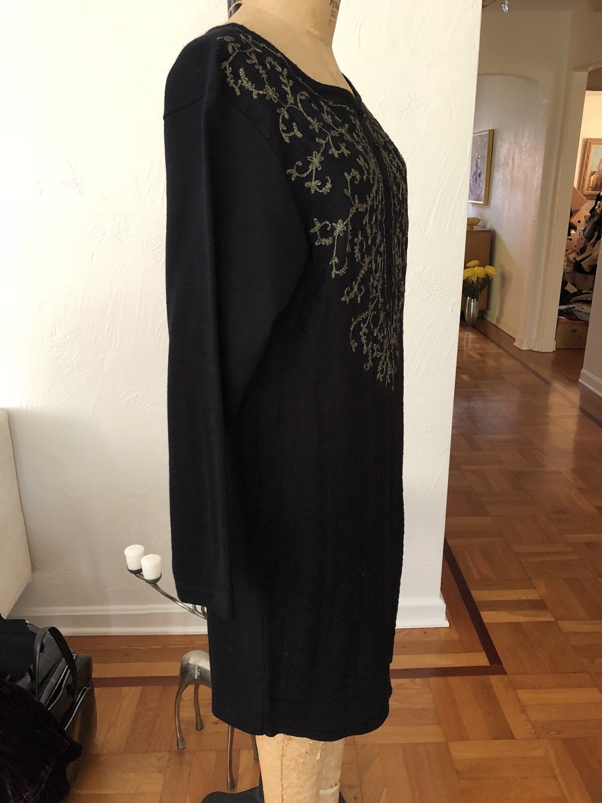 Metallic Gold Embroidered Black Acrylic Wool Knit CAROLE LITTLE Sweater Dress L