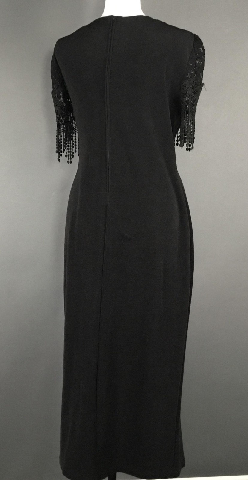 Maxima Dress Womens XL Black Sheath Maxi Short Flutter Sleeve Fringe Zip