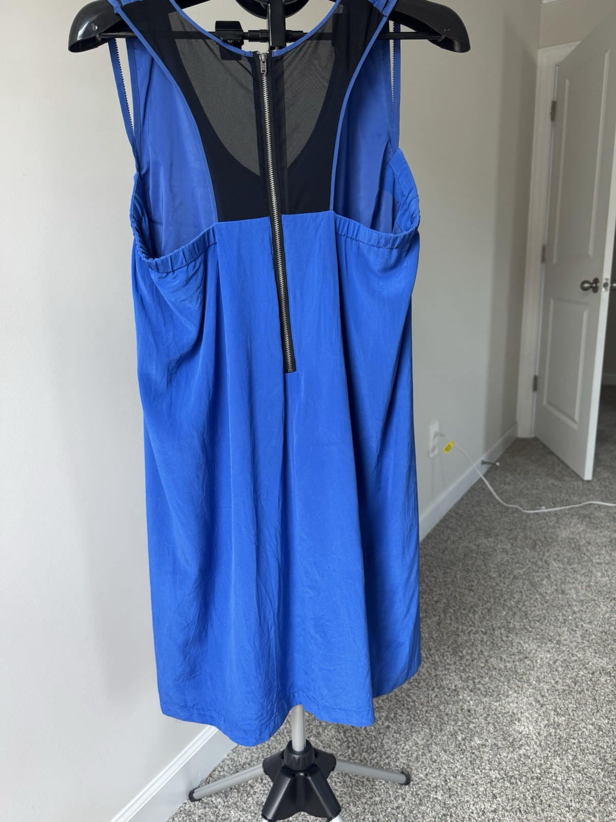 Cluny 100% Silk Blue Patchwork Shift Dress Size 14 Sleeveless Sheer Panel Design