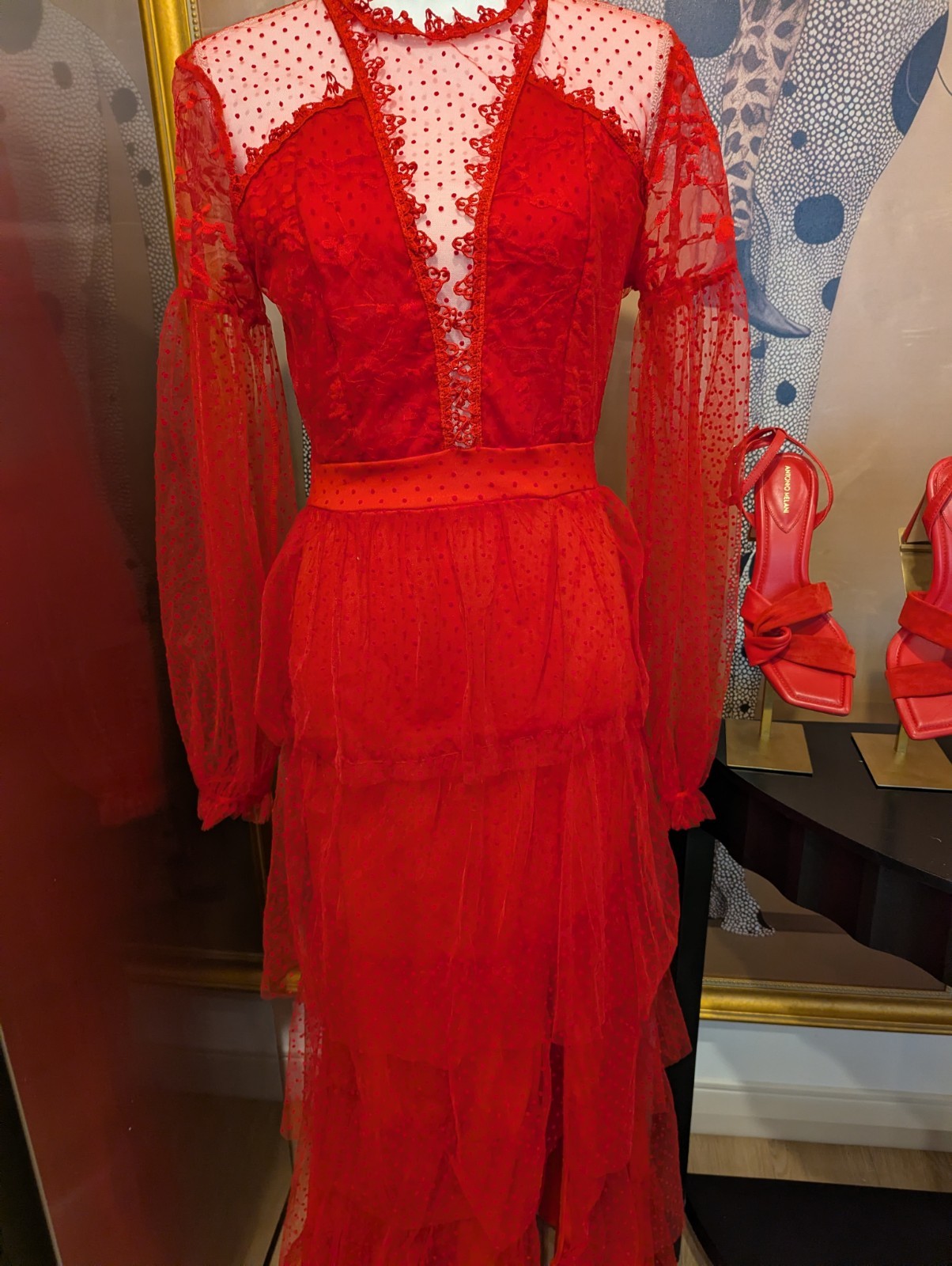 Red Polka Dot Sheer Mesh Embroidered High Neck Puff Sleeve Midi Dress M