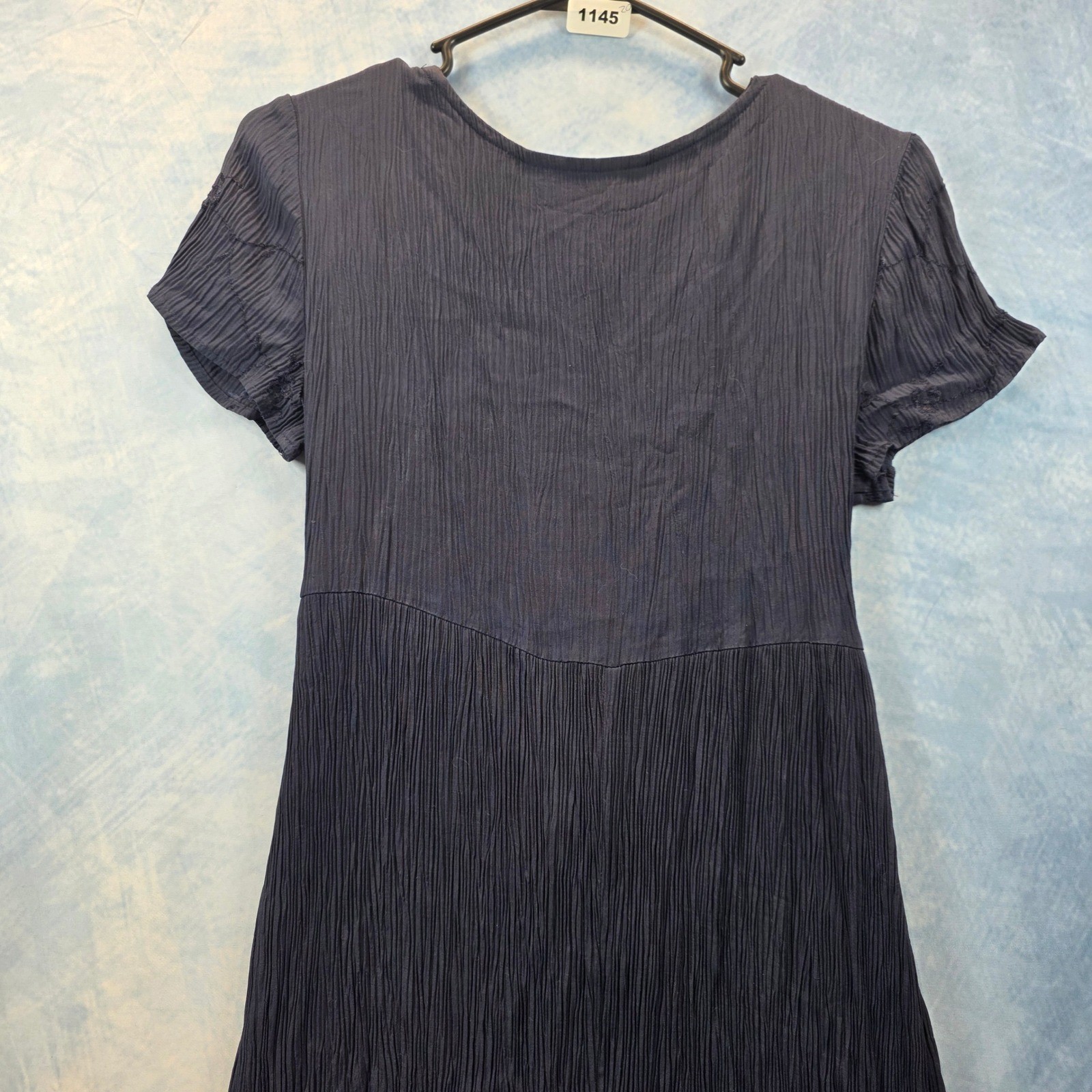 Another Thyme Vintage Navy Blue Crinkle Maxi Dress Floral Embroidered Size 8 USA