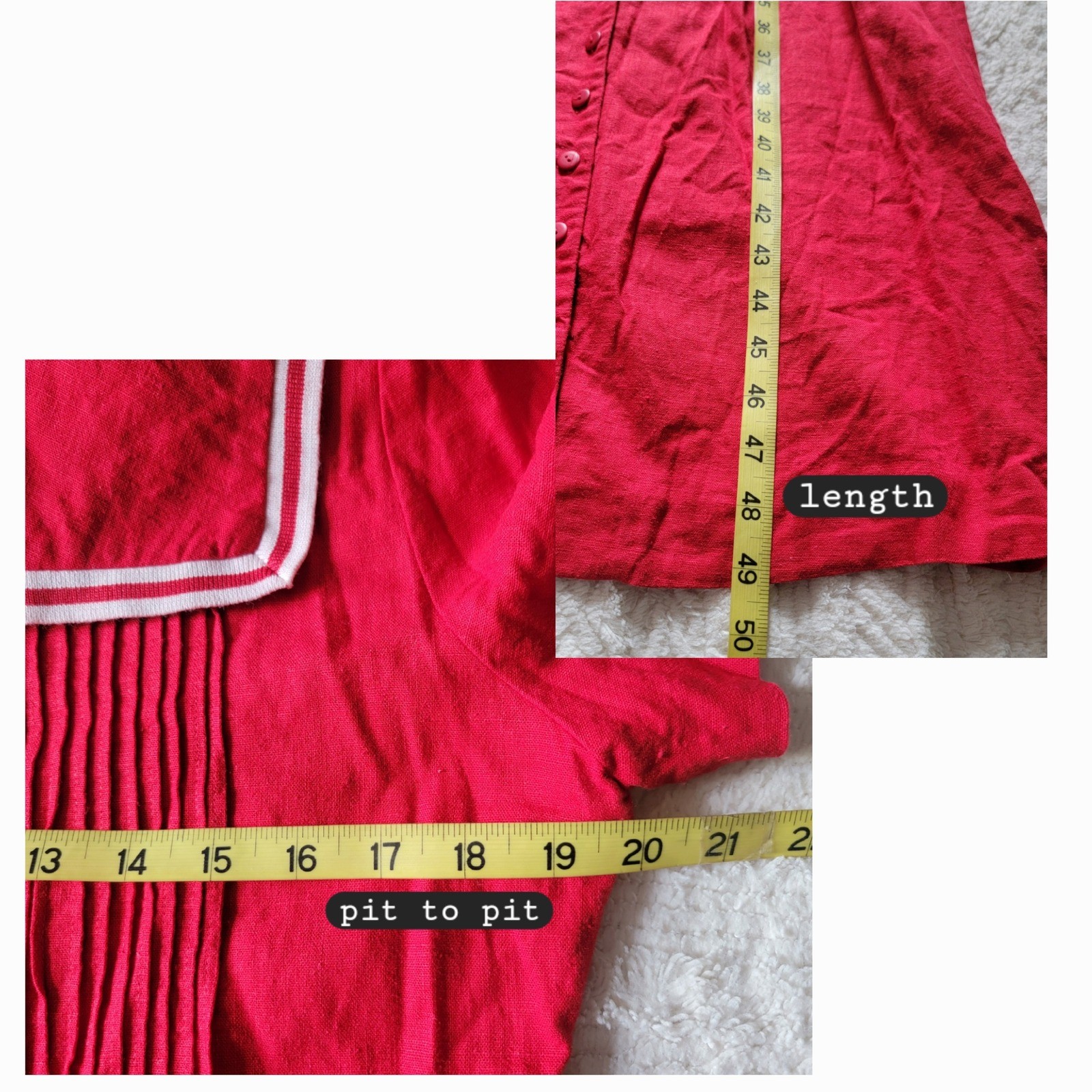 Red Linen Blend Button Down Sailor Collar Maxi Dress Size 10 Vintage Modest