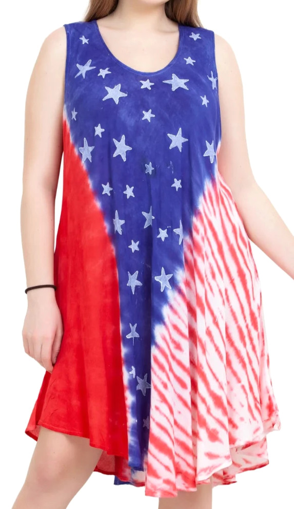 India Boutique Umbrella Midi Dress One Size Red/White/Blue Batik Boho Hippie NWT