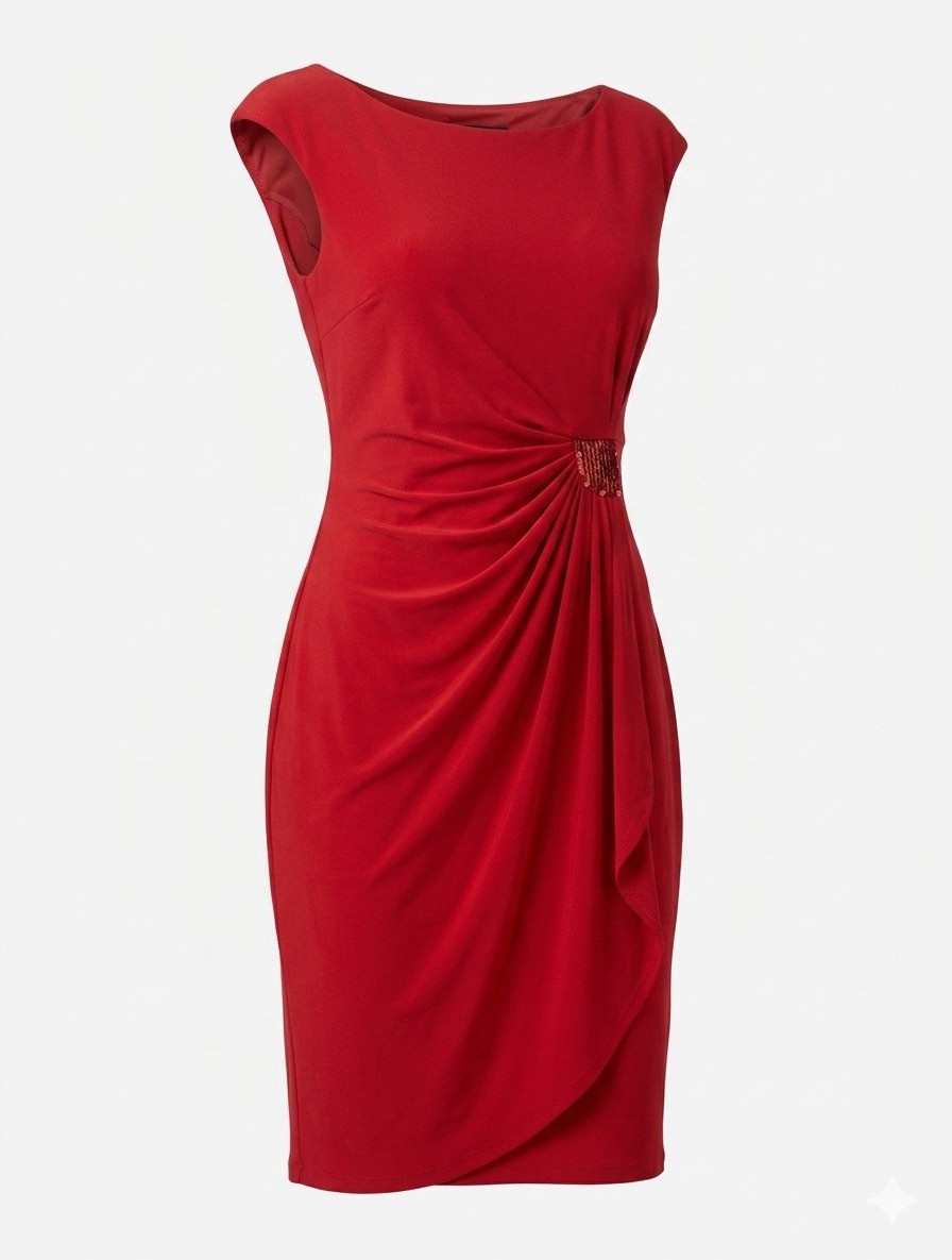 NWT Connected Apparel women’s Red Solid Ruched Sheath Dress Beaded Accent Size 6