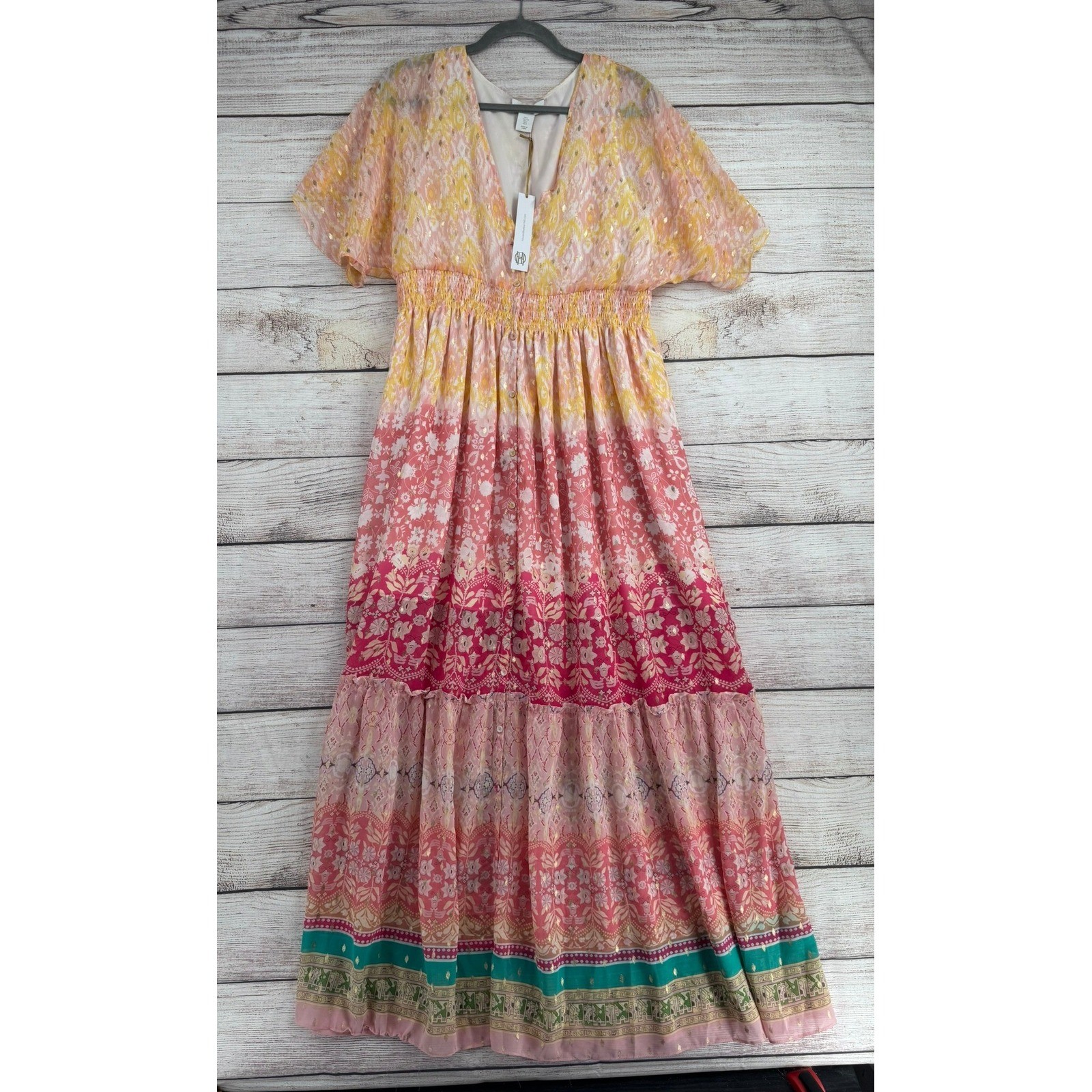House of Harlow 1960 Maxi Dress Women L Pink Yellow Ombre Floral Metallic Boho