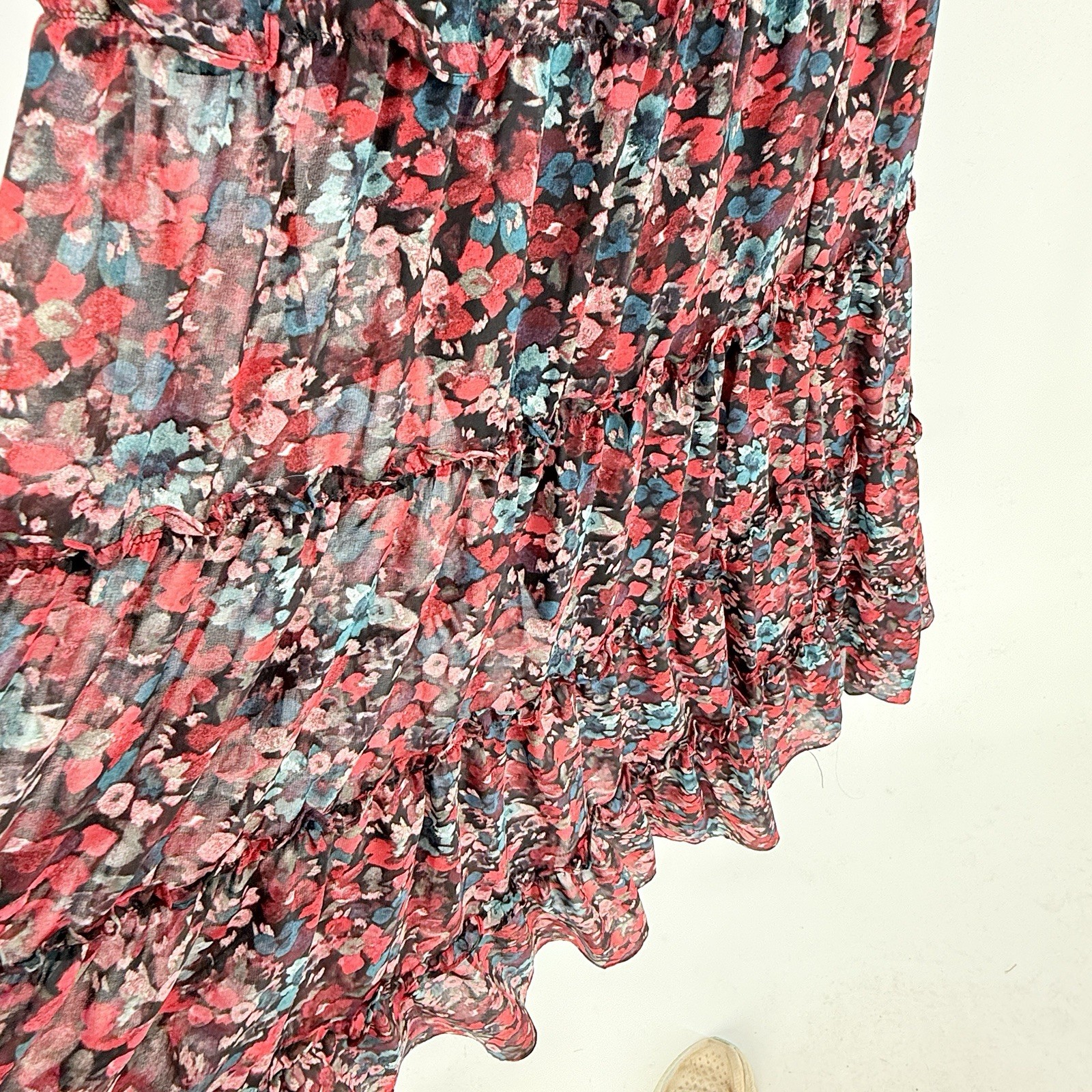 Vince Comuto Maxi Dress Medium Tiered Floral Ruffles Sheer Peasant Fairy Boho