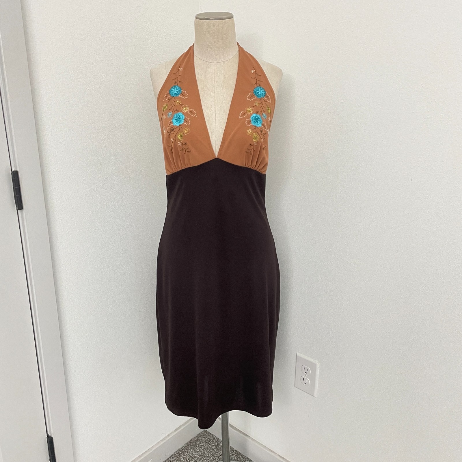 Y2K Bisou Bisou Halter Neck Dress Women 10 Brown Embroidery Boho Chic Femme