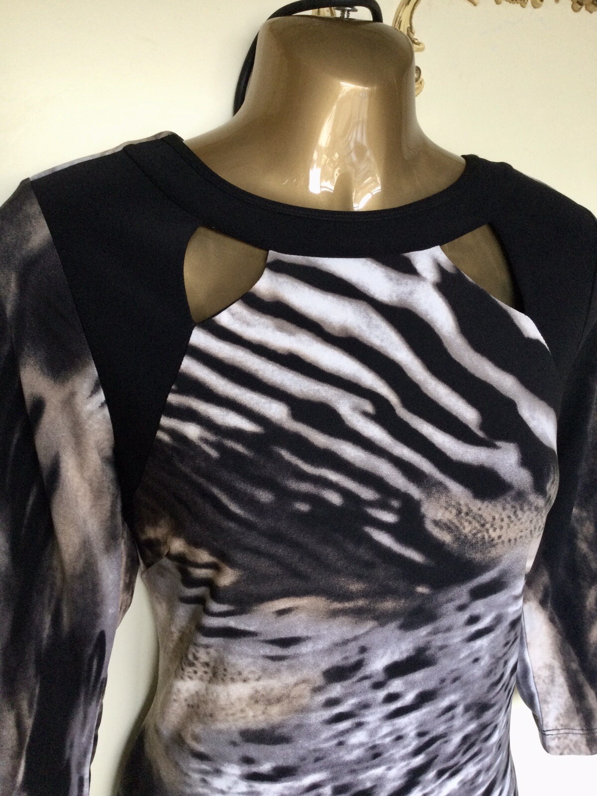 PICADILLY UK 10 Canadian Designer Black / Ivory Multi Print Dress NWT RRP £159
