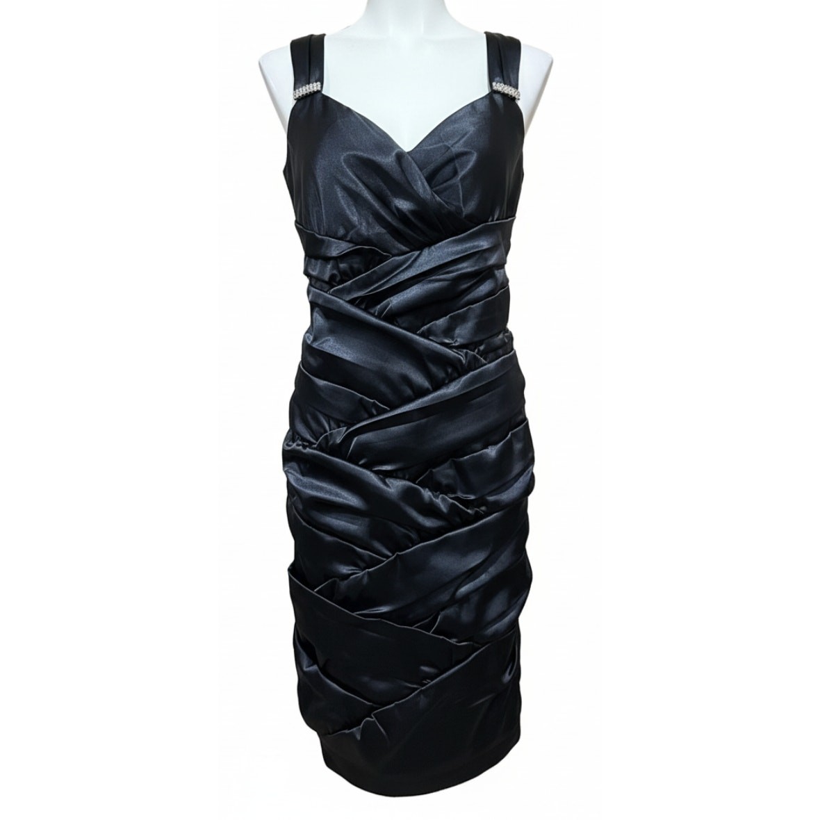 Bisou Bisou Dress Size 6 Black Satin Ruched Bodycon Sleeveless Party Cocktail