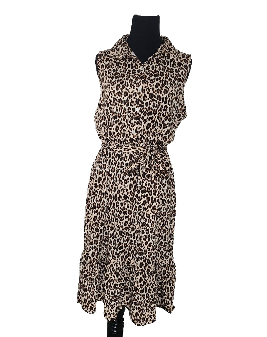 Leopard Print Women Midi Sleeveless Dress Elastic Waist Ruffled Hem Size L