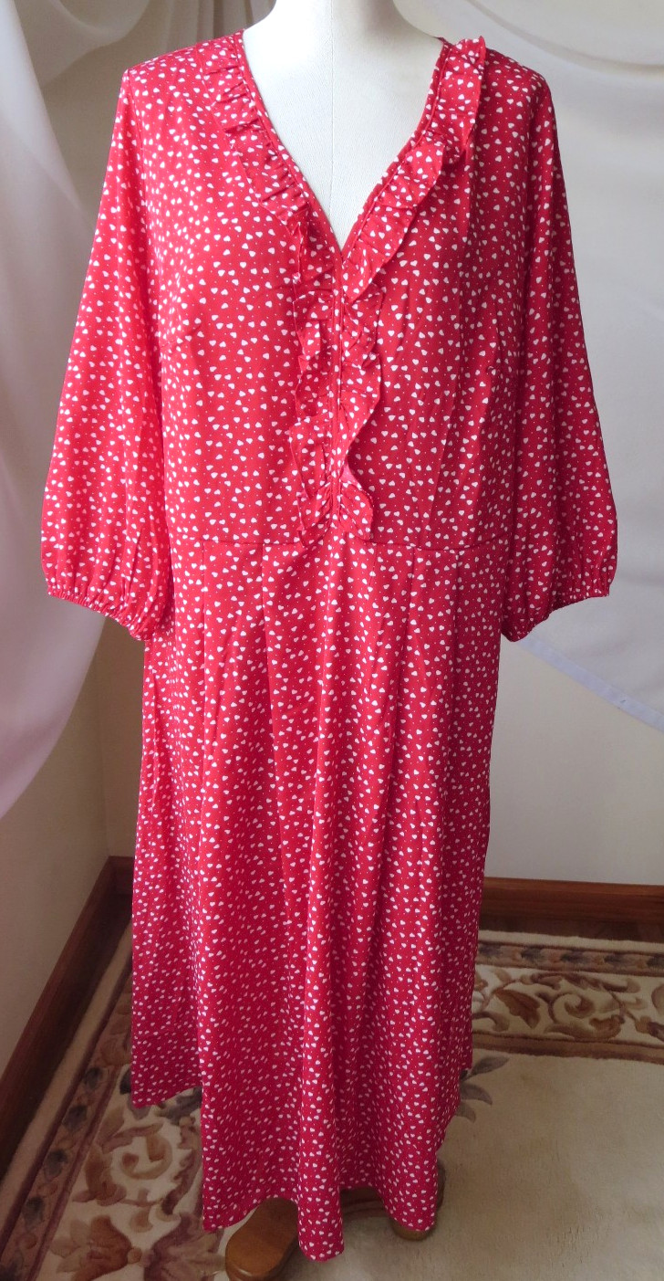 AGNES ORINDA WOMEN’S DRESS RUFFLED V-NECK 3/4 SLV RED/WHITE HEART PRINT 1X NEW
