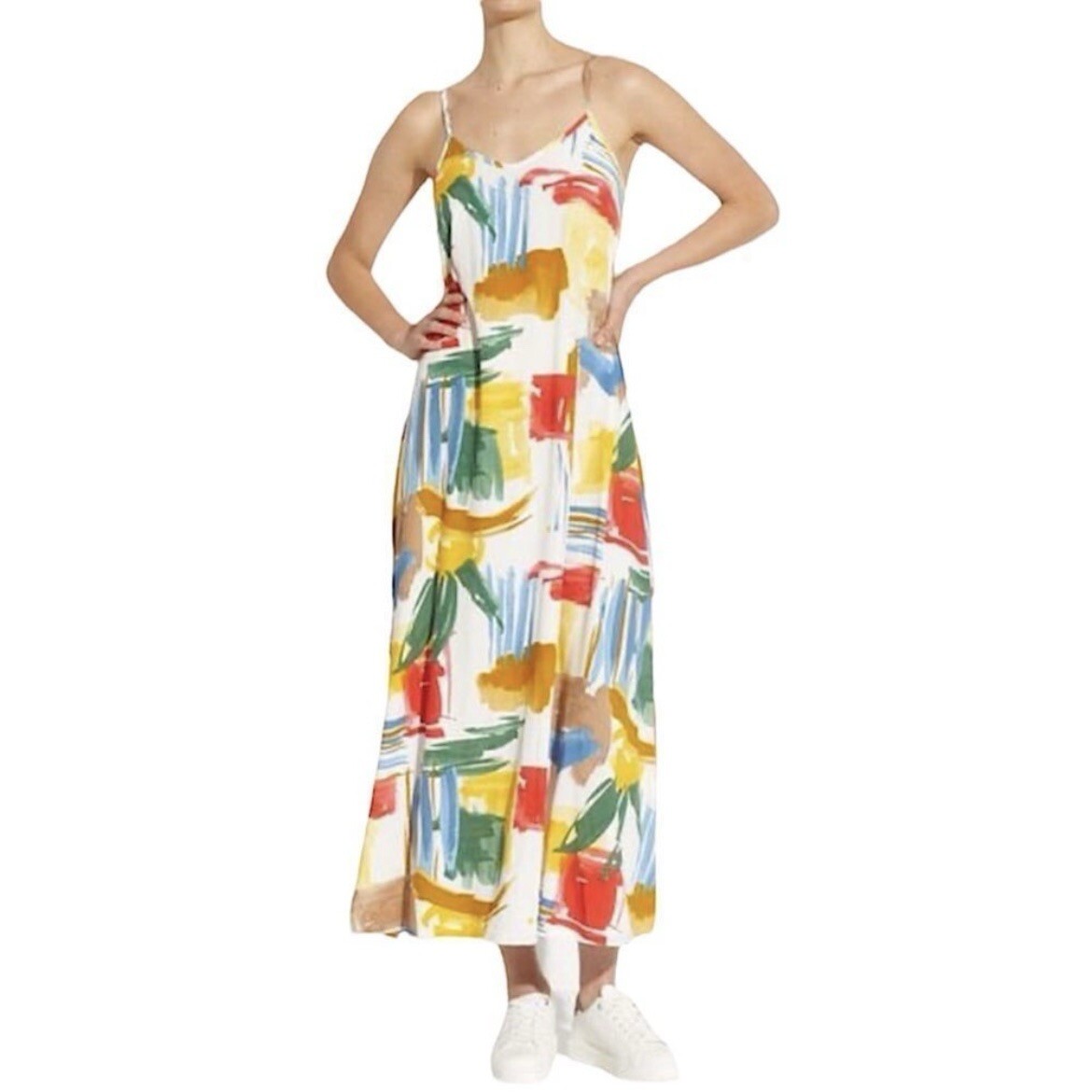 NWT Tahari Brushstroke Canvas Print Cami Midi Dress White Yellow Green XL