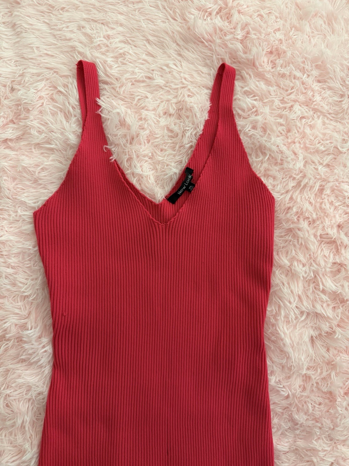 New Look Red Ribbed Knit Bodycon Dress V-Neck Strappy Sleeveless Knee Length XL