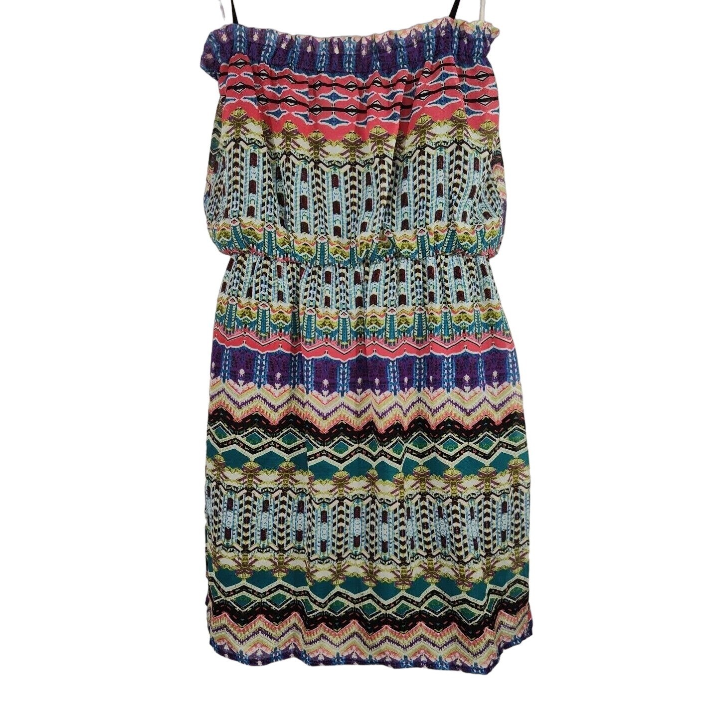City Triangles Blouson Mini Dress Sundress Women Size L Colorful Teal Purple NEW