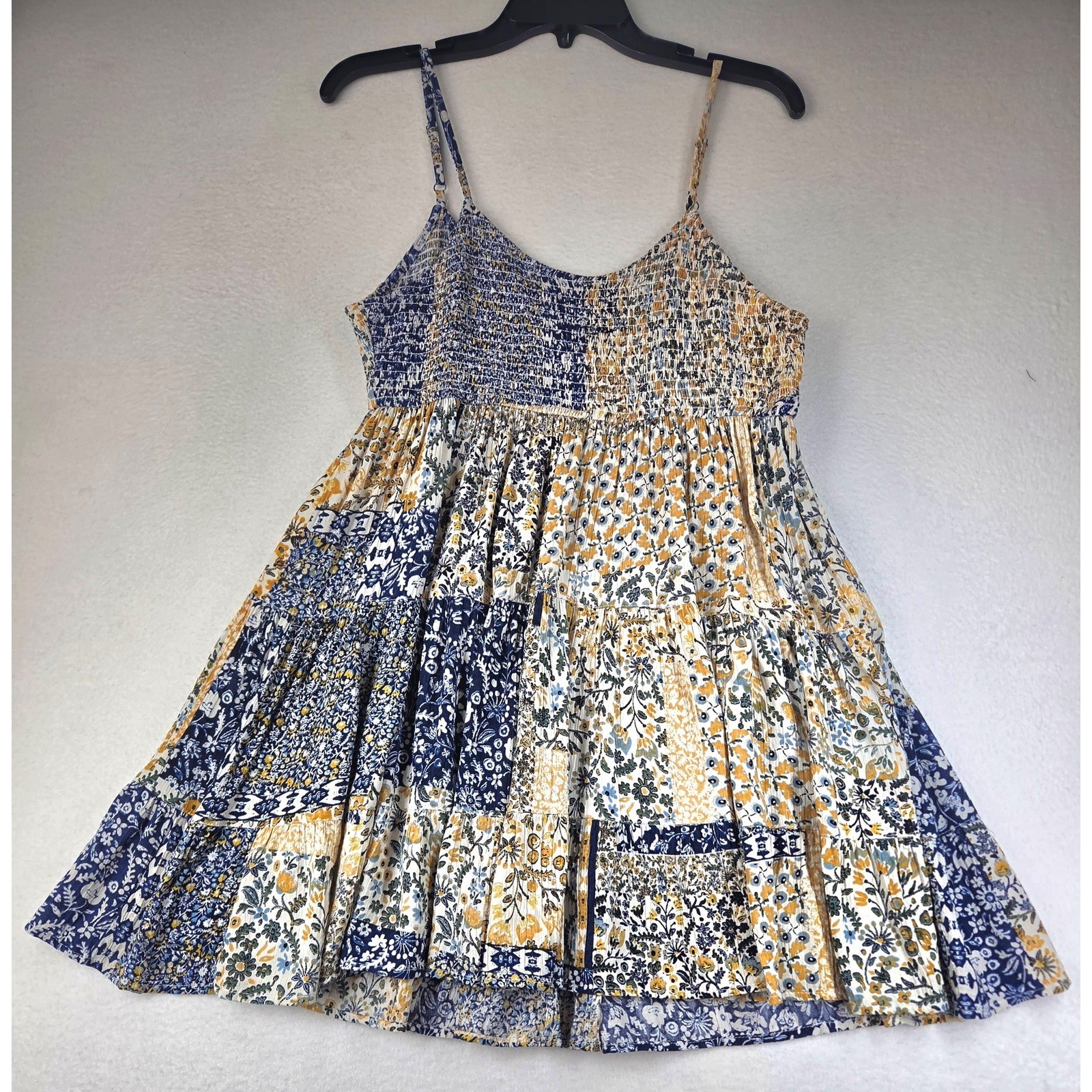Angie Floral Patchwork Smocked Mini Dress Blue Yellow Boho Tiered Rayon Large