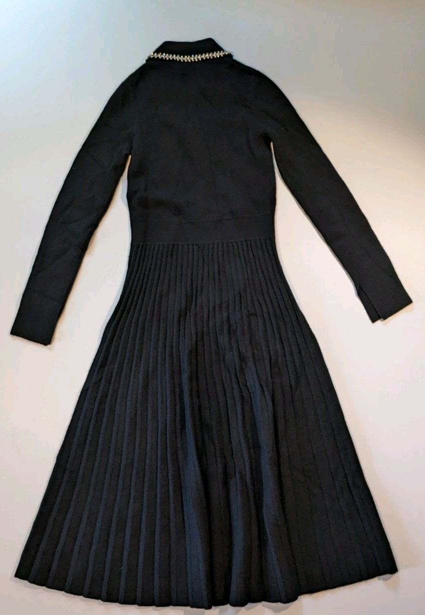 Elie Tahari Black Cashmere Crystal Collar Pleated Long Sleeve Dress XS $595 NWT