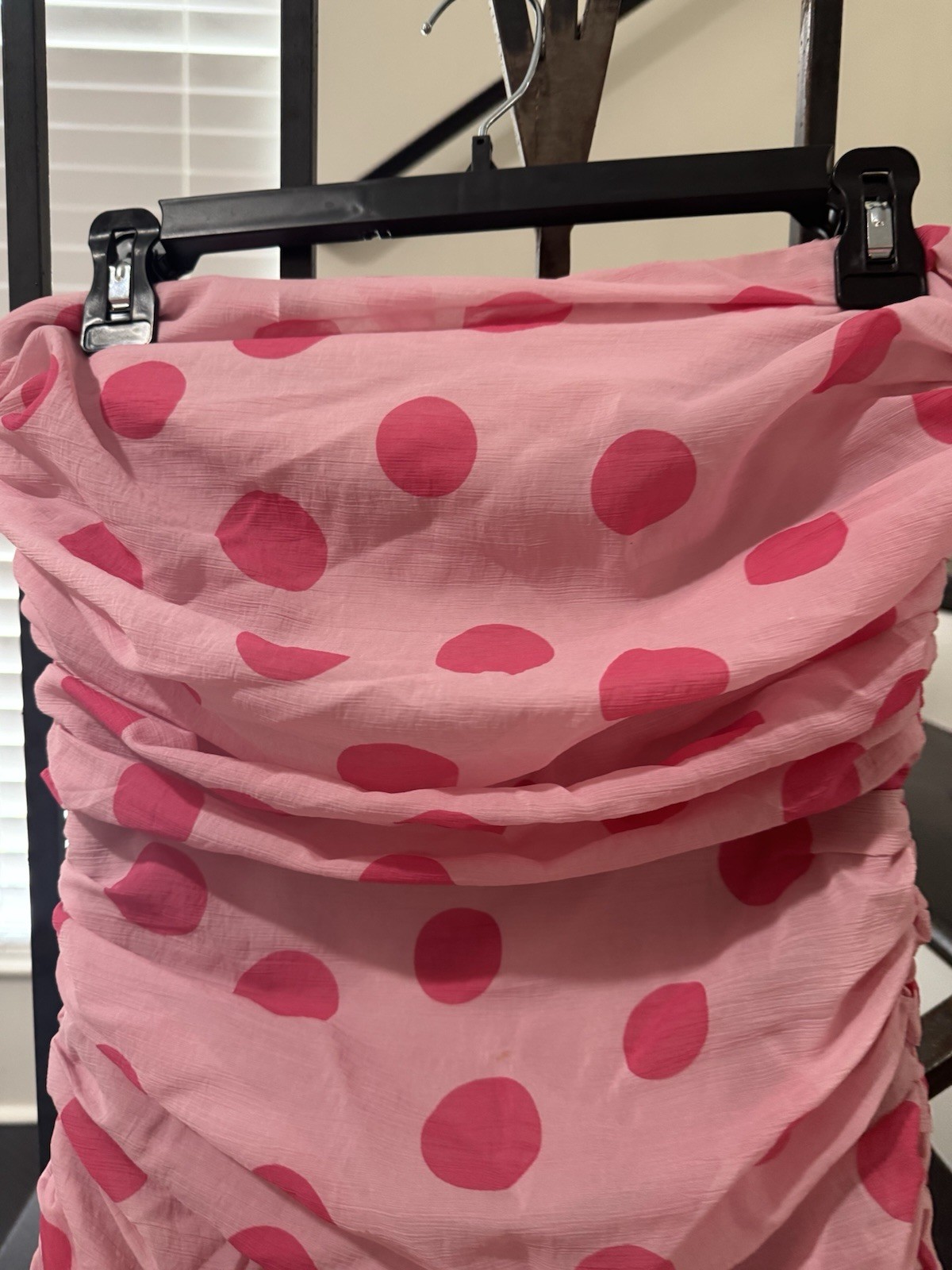 ELLIATT Pink Polka Dot Strapless Ruched Ruffle Smocked Midi Dress Size S