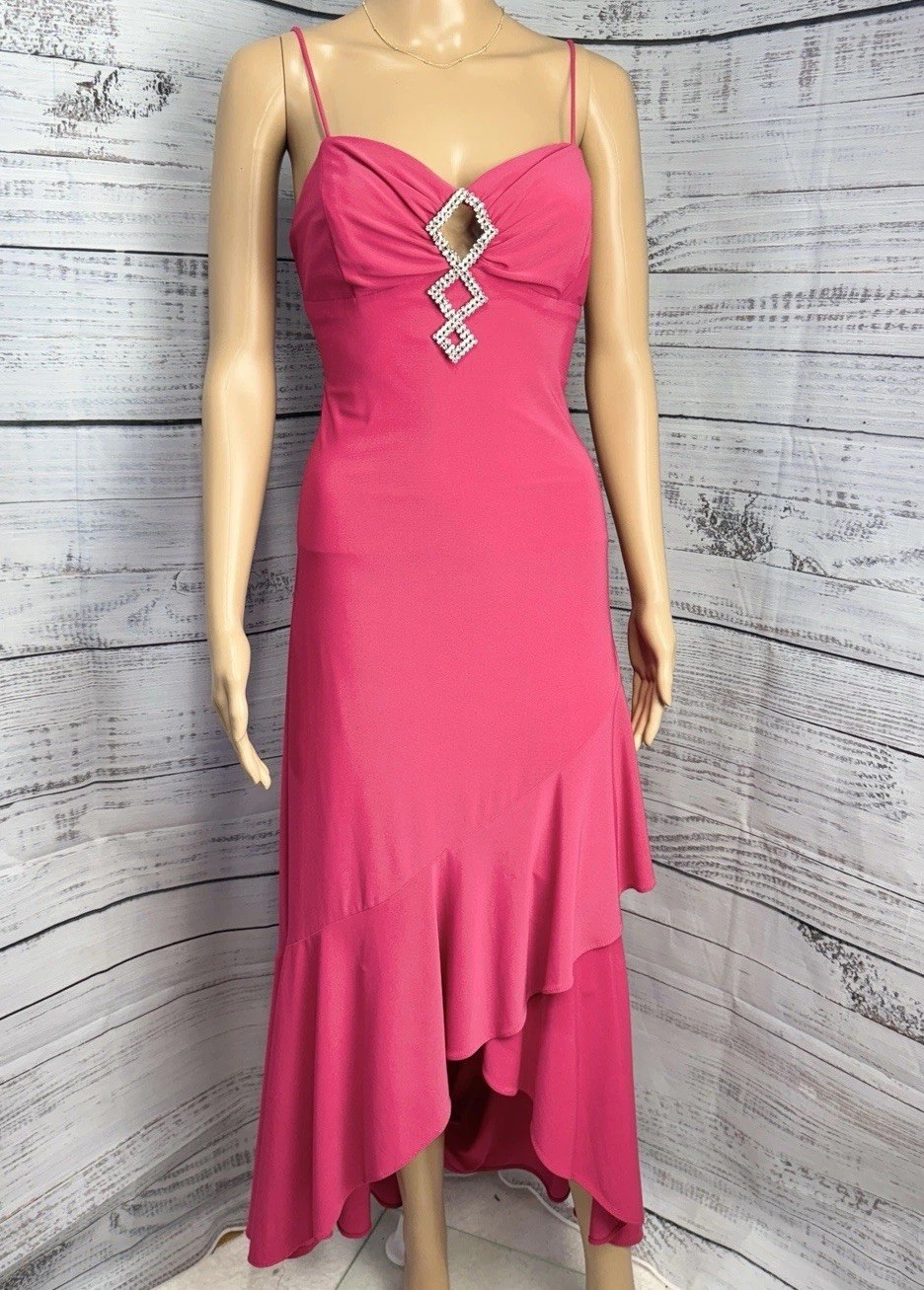 VTG Fiesta M Hot Pink Rhinestone Ruffle Hem Dress Asymmetrical Y2K