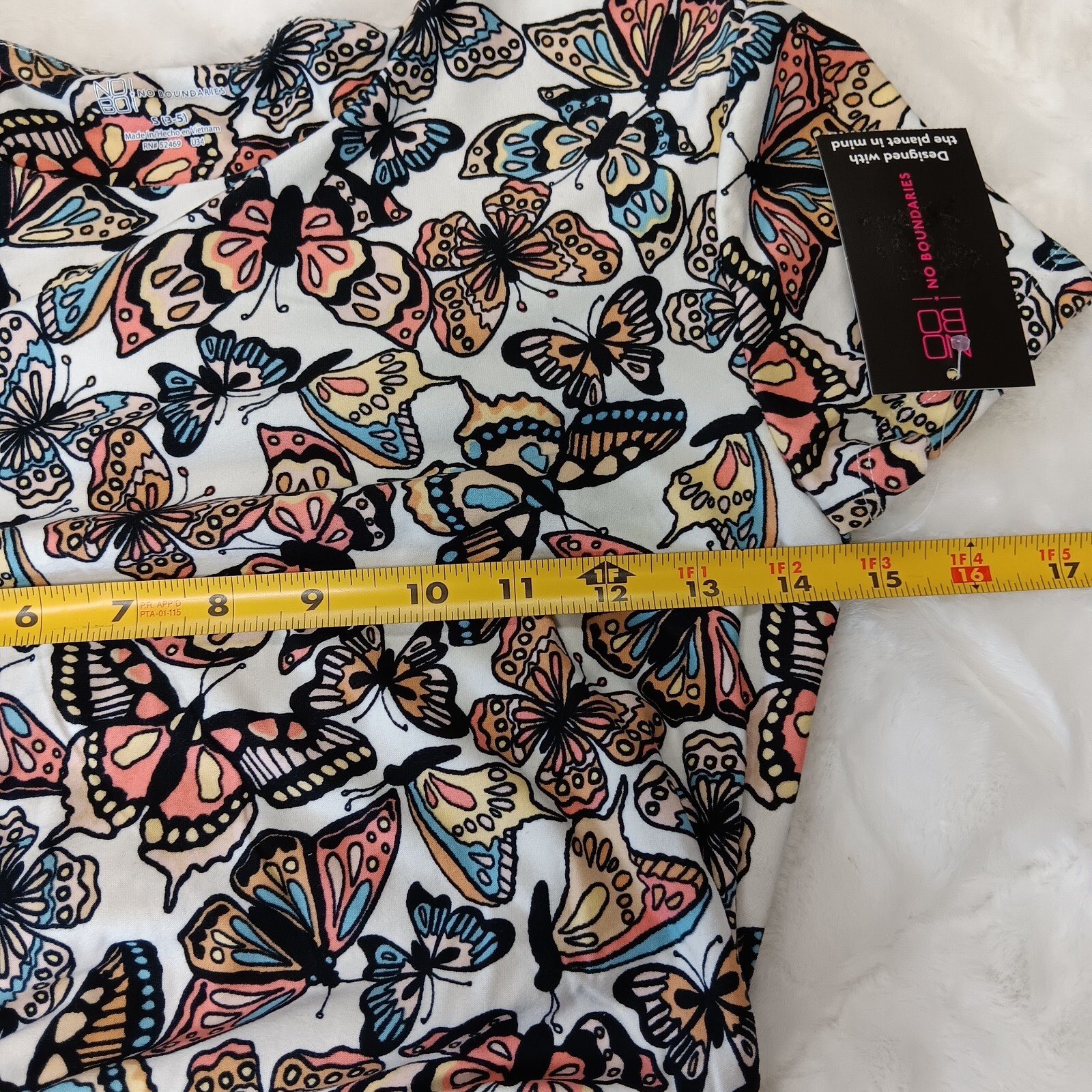 butterfly pattern winter white side ruched t-shirt dress jrs size medium