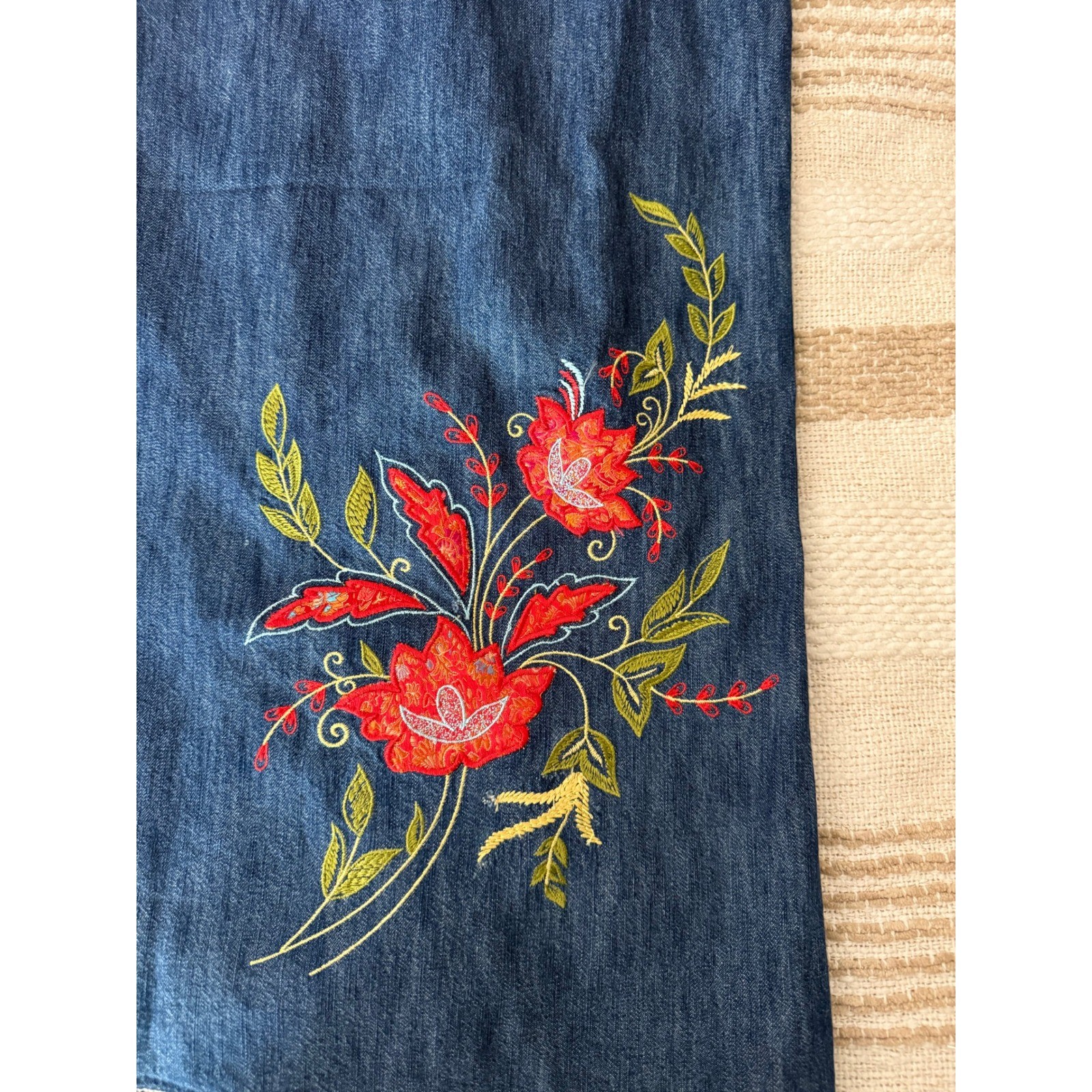 Studio Ease Denim Dress Jacket Set Size 16 Embroidered Floral 2 Piece Blue