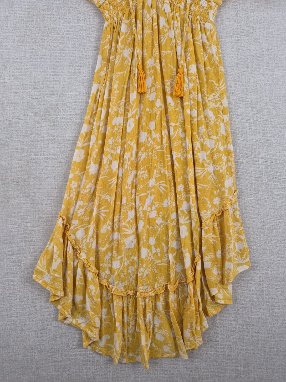 Yellow White Floral V-Neck Smocked Hi-Low Ruffle A-Line Dress M RN 137360